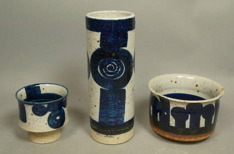 3pc Swedish Studio Pottery RORSTRAND. Scandinavia: 3pc Swedish Studio Pottery RORSTRAND. Scandinavian Modern. INGER PERSSON. Tall vase & two smaller dishes bowls. Marked Atelje Sweden. Scandinavian Modern. -- Dimensions: H: 10.5 inches: W: 4 inches: D