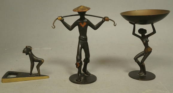 3pc Lot Modernist Austrian Bronzes. RENA ROSENTHA: 3pc Lot Modernist Austrian Bronzes. RENA ROSENTHAL. One African woman. One Asian Man. Monkey Bottle Opener. All marked Rena ROSENTHAL, Austria. -- Dimensions: H: 4.25 inches: W: 3 inches: D: 3 inches