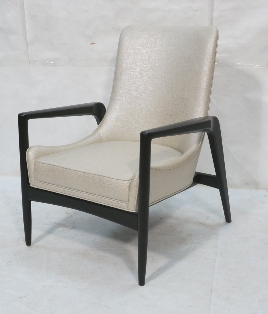 Ebonized Wood Modernist Frame Lounge Chair. Flare: Ebonized Wood Modernist Frame Lounge Chair. Flared paddle arms. Newly upholstery in silvered cream fabric. -- Dimensions: H: 39 inches: W: 28 inches: D: 32 inches ---