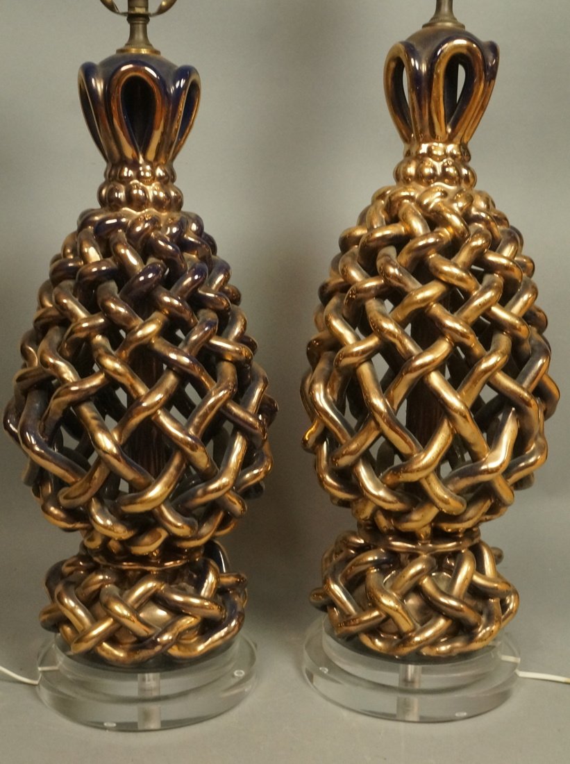 Pr Italian Pottery Table Lamps. Woven details wit (1 of 8)