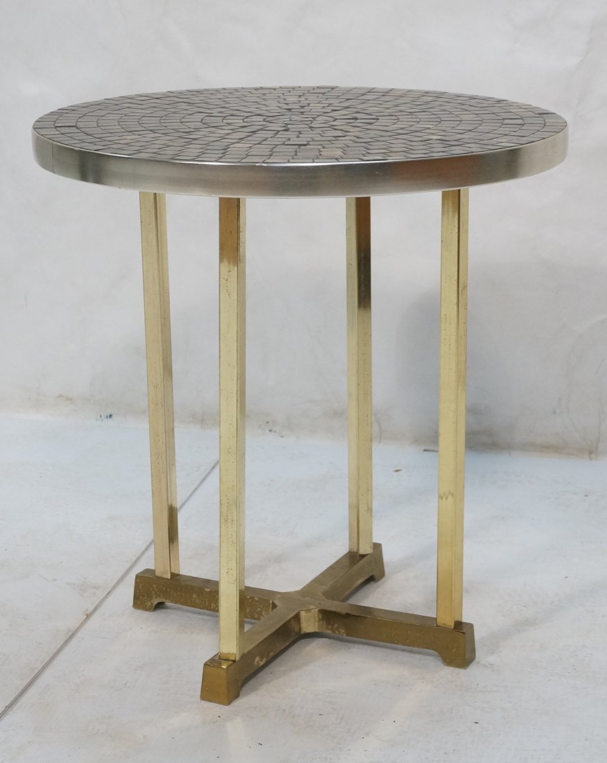 Mixed Metal Round Side Table. Tile Top in Brown & (1 of 6)