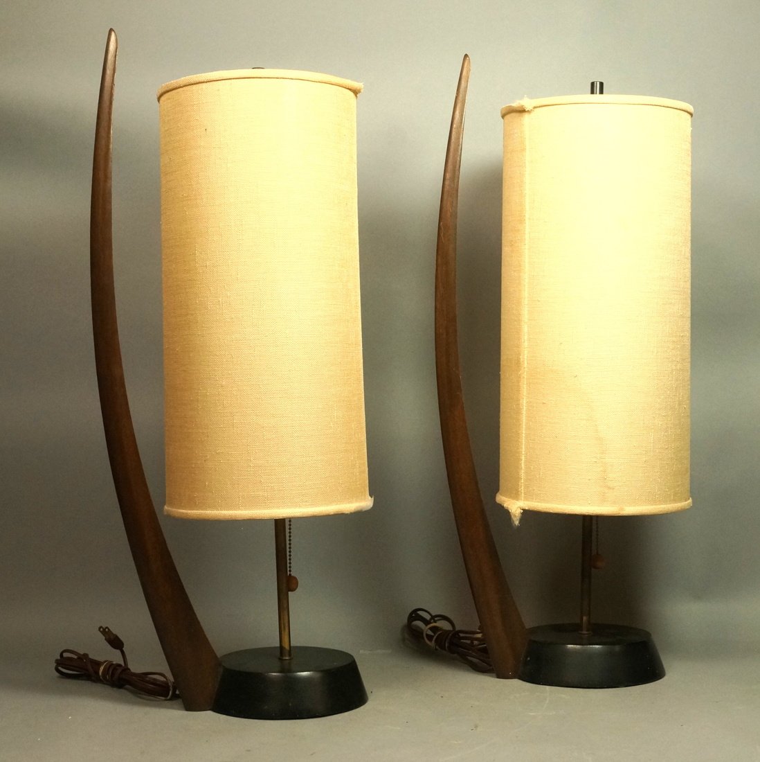 Pr American Modern Wood Table Lamps. Tall Column