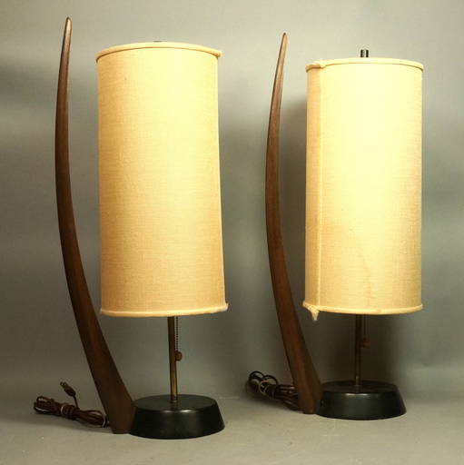 Pr American Modern Wood Table Lamps. Tall Column