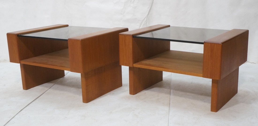 Pr Danish Teak Modern Glass Top End Side Tables. (1 of 8)
