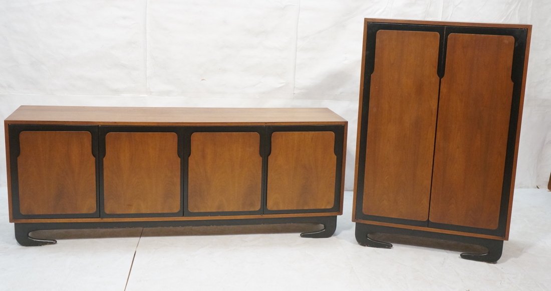 2pc American Modern Dresser Armoire. Ebonized doo: 2pc American Modern Dresser Armoire. Ebonized doors & drawers with raised wood panel elements. Unique foot form-- Dimensions: H: 54.5 inches: W: 36 inches: D: 21 inches ---
