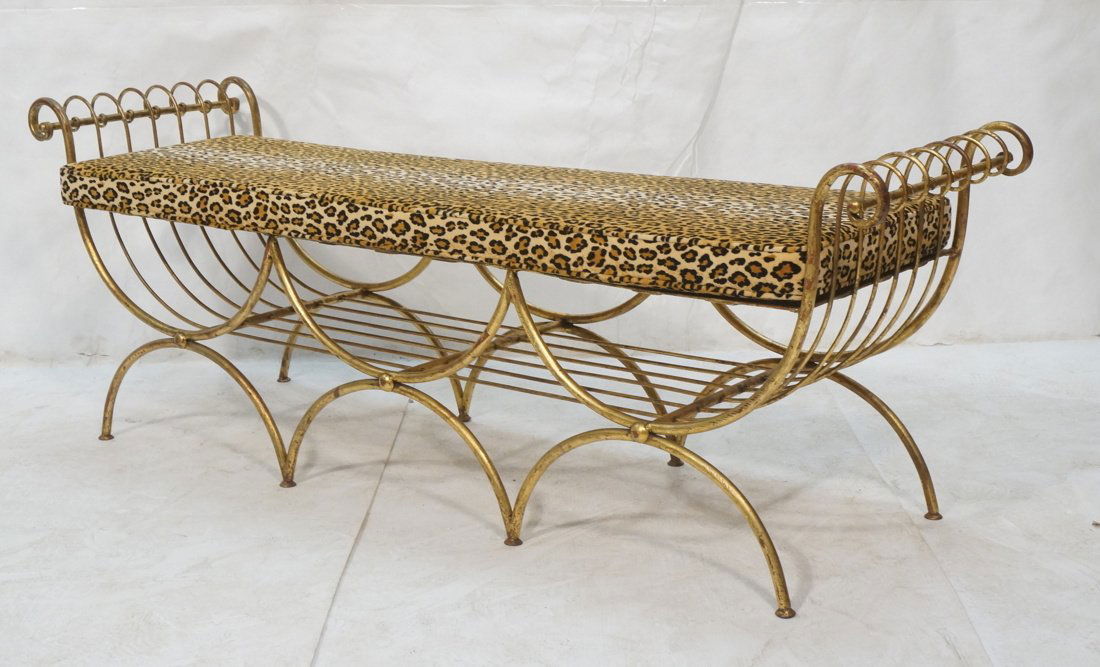 Long Gilt Metal Decorators Bench. Scrolled arms. (1 of 9)