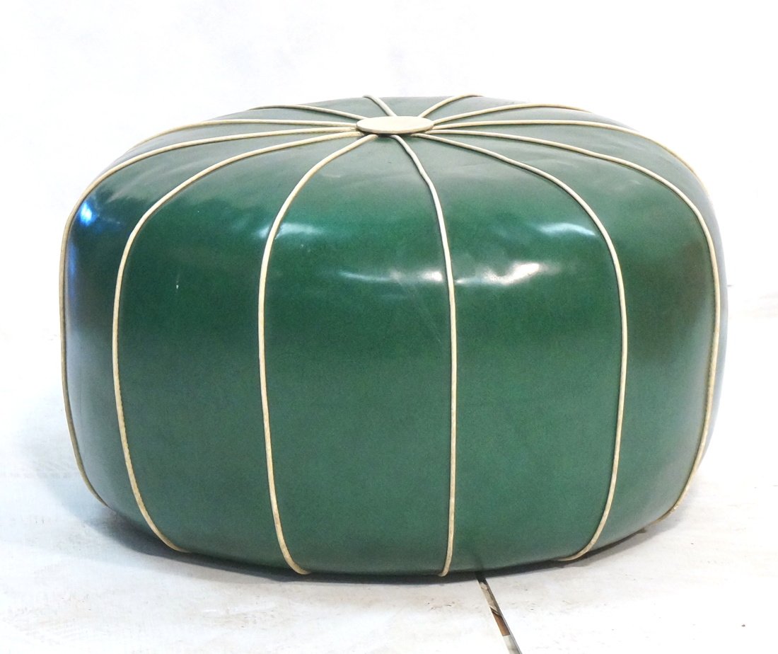 Green Vinyl Pouf Ottoman Footstool. Cream trim. M (1 of 8)