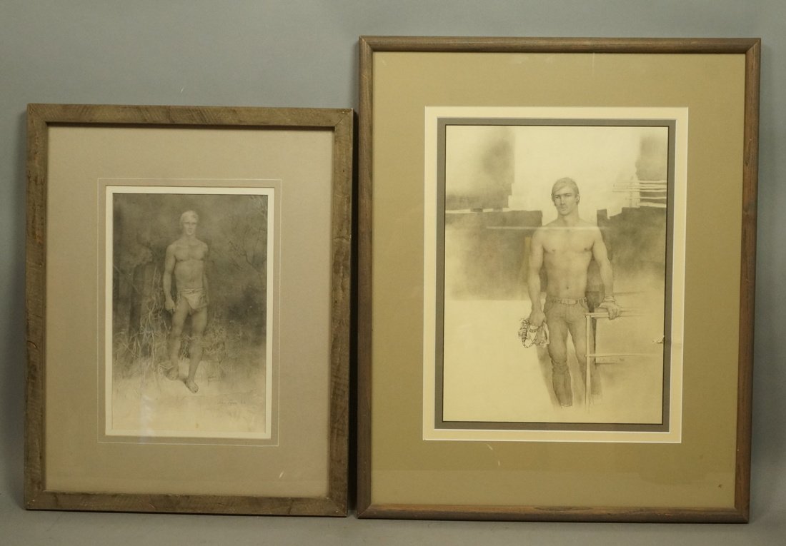 Lot 2 JOHN LEAR Pencil Drawings. 1). Semi Nude Ma: Lot 2 JOHN LEAR Pencil Drawings. 1). Semi Nude Male. 2) Shirtless Male in Jeans. Both signed. Dated 86 & 88-- Dimensions: Image Size: H: 13.5 inches: W: 10 inches ---