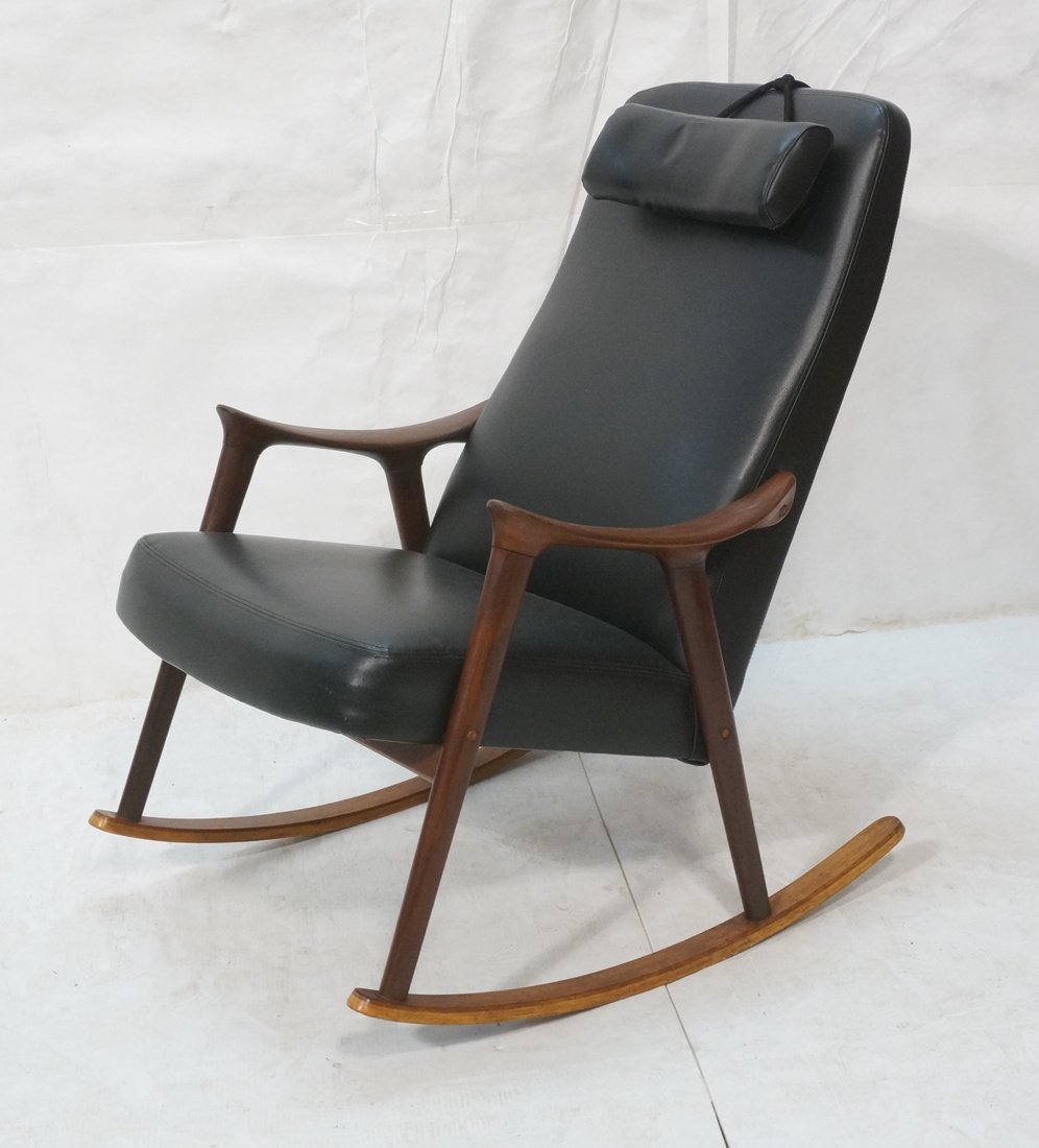 Black Vinyl Danish Modern Rocker Rocking Chair. T: Black Vinyl Danish Modern Rocker Rocking Chair. Tall Back. Teak wood frame.-- Dimensions: H: 38 inches: W: 24 inches: D: 32 inches ---