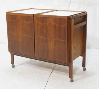 NIELS ERIK GLASDAM JENSEN Rosewood Bar Cart. Lami: NIELS ERIK GLASDAM JENSEN Rosewood Bar Cart. Laminate top. Two sides pull apart to reveal fitted interior for glass & bottle storage. Rolling Cart.-- Dimensions: H: 29 inches: W: 35 inches: D: 19.75 i