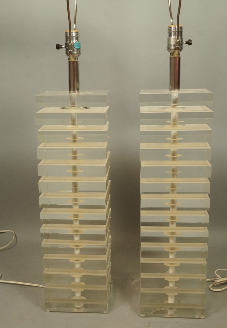 Pr Stacked Lucite Table Lamps. Thick Lucite Squar (1 of 7)