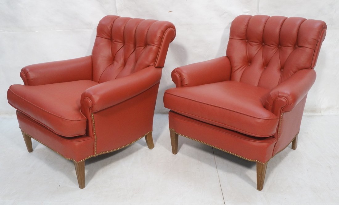 Pair Leather Lounge Chairs. with Brass tacks and (1 of 8)