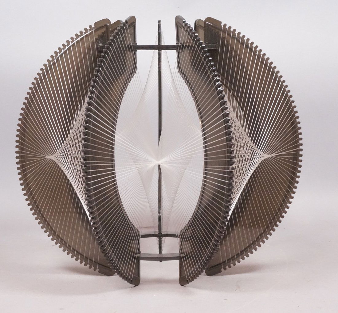 Acrylic Hanging Shade with nylon string design. M: Acrylic Hanging Shade with nylon string design. Modernist. Smoked & Clear Acrylic elements. -- Dimensions: H: 15 inches: W: 14 inches ---