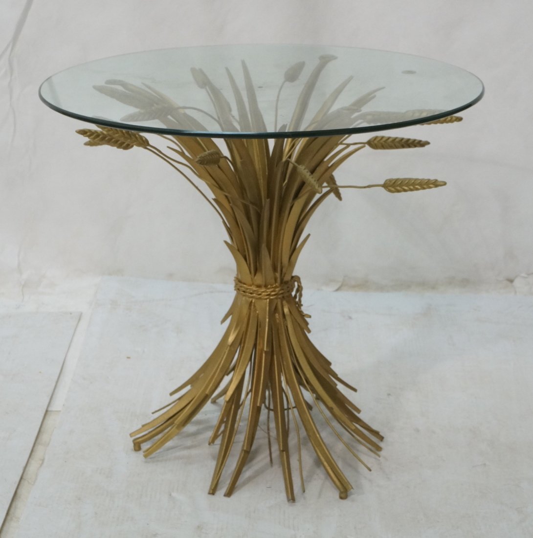 Gilt metal wheat sheaf side table. Round glass to (1 of 8)