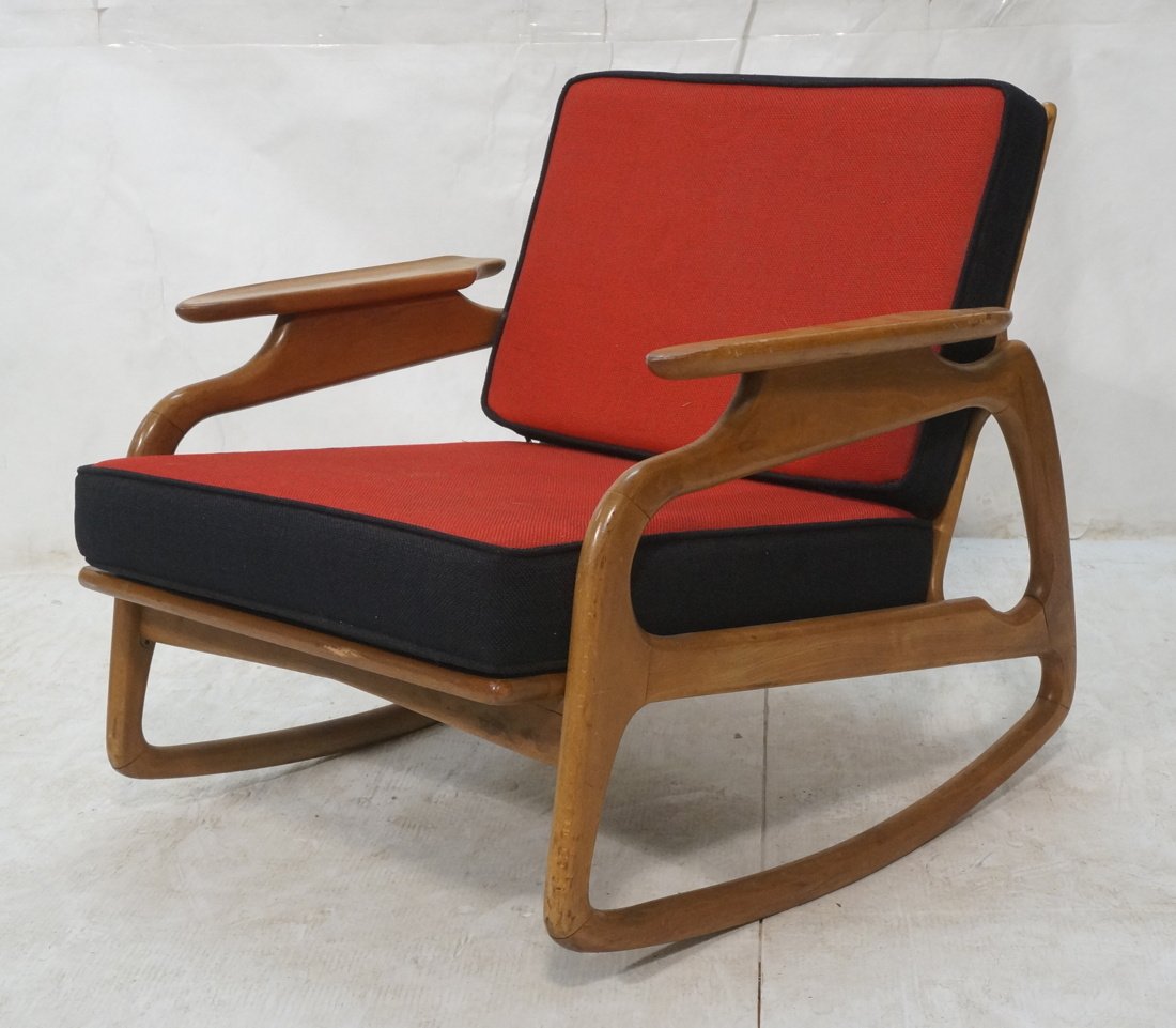 ADRIAN PEARSALL Modernist Wood Rocking Chair Rock: ADRIAN PEARSALL Modernist Wood Rocking Chair Rocker. Caned back. Red & black fabric cushions.-- Dimensions: H: 28 inches: W: 28 inches: D: 32 inches ---
