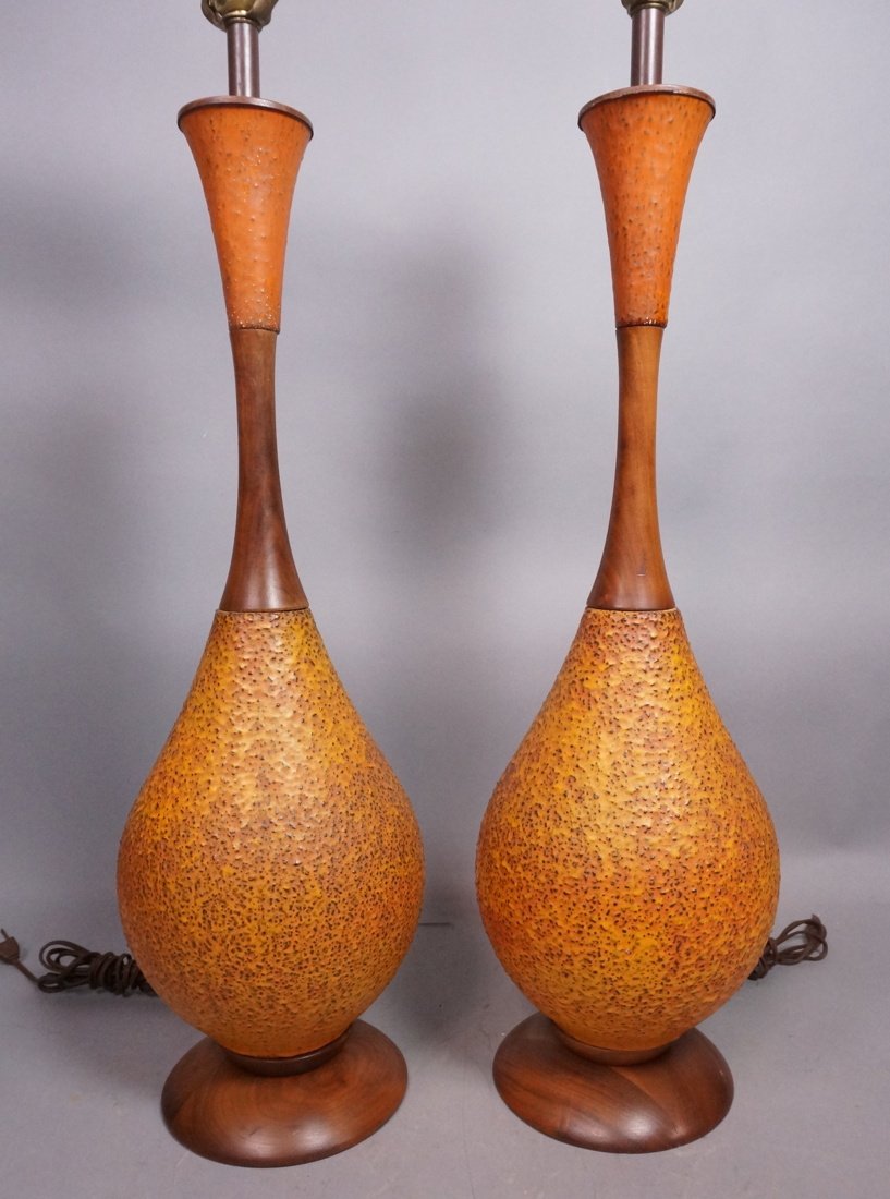 Pr Large Pottery Table Lamp. Textured Orange glaz (1 of 9)
