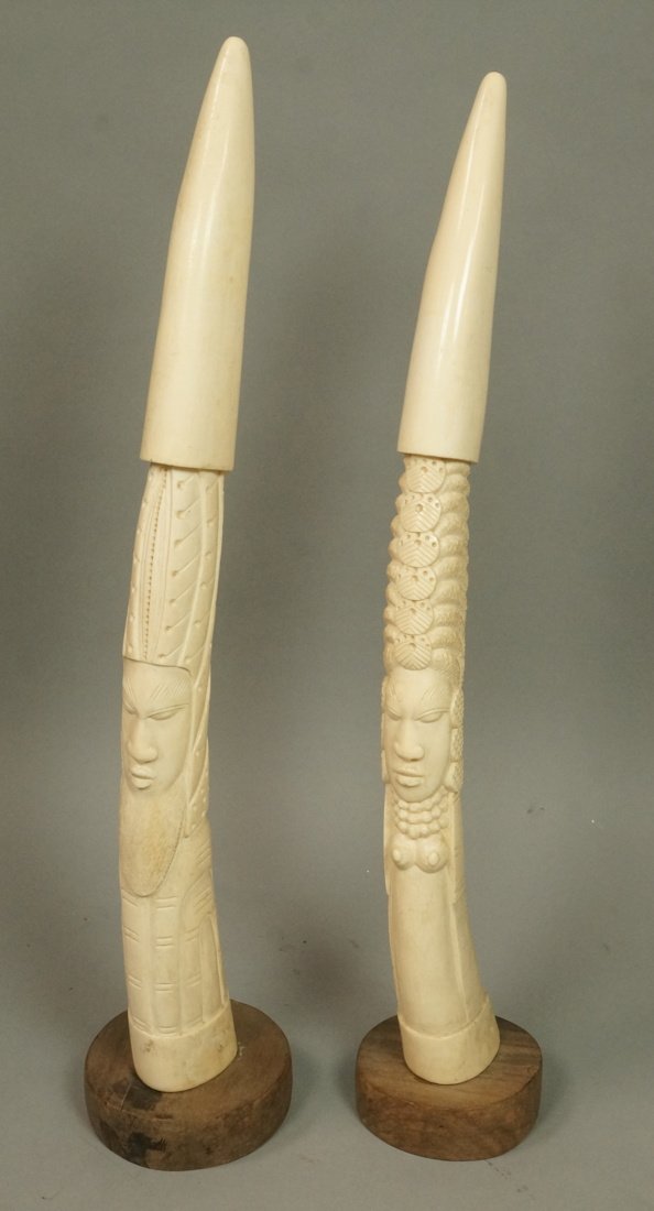 Pr Carved Natural Material Tusks. Carved busts of (1 of 9)