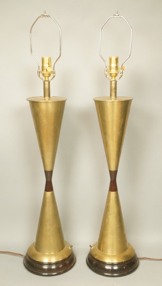 Pr Modernist Corseted Brass & Wood Table Lamps. W (1 of 9)