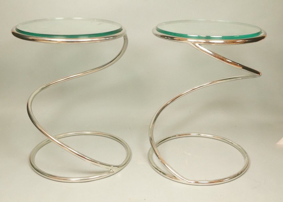 Pr PACE Chrome Spiral Spring Tables. Round Glass (1 of 8)