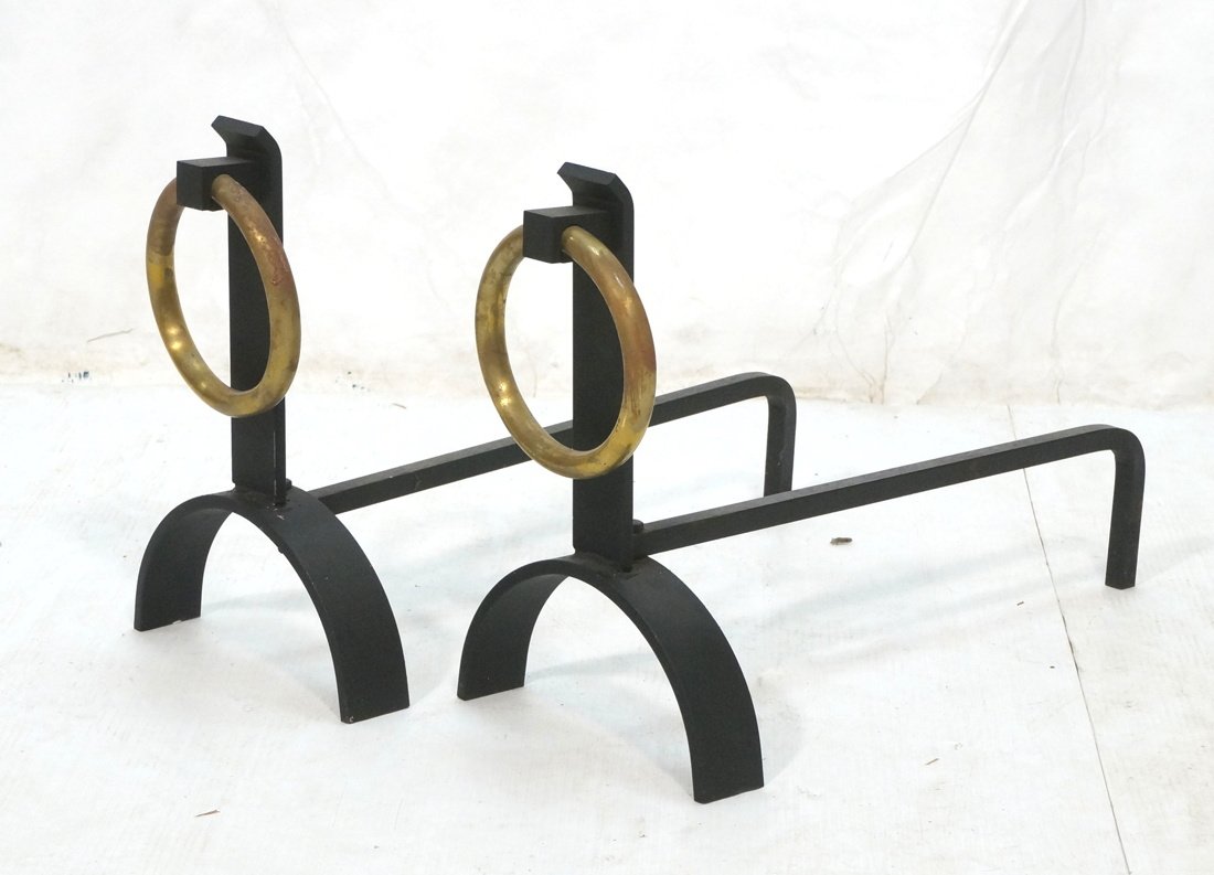 Pr Modernist Black Iron Brass Ring Andirons. Larg (1 of 8)