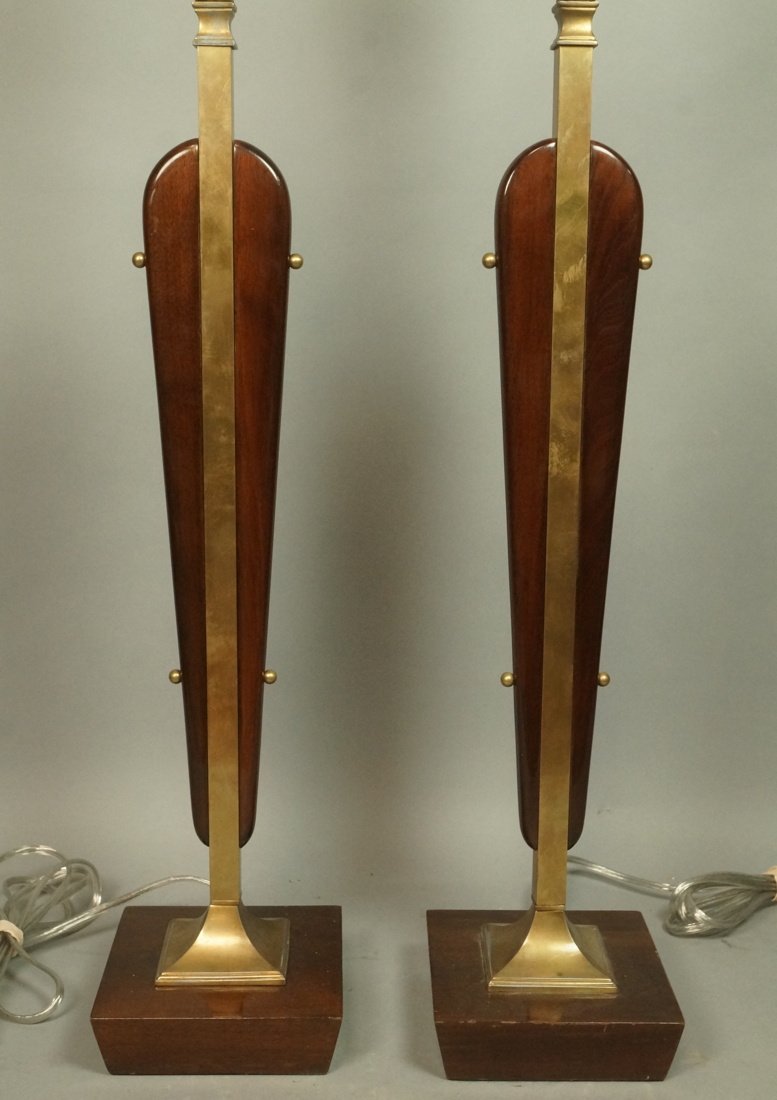 Pr American Modern Wood & Brass Table Lamps. (1 of 6)