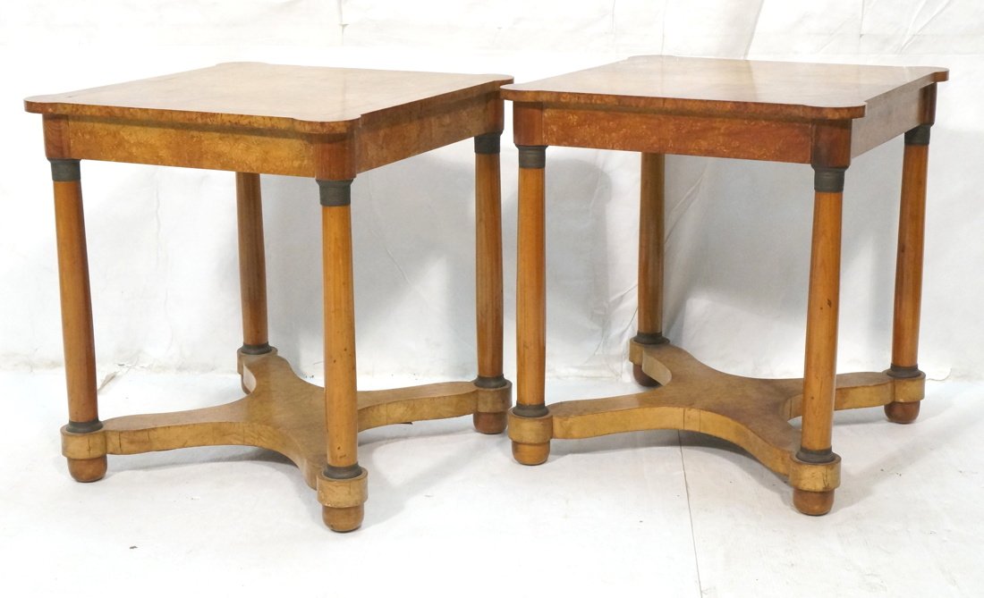 Pr Burl Wood Beidermeier style Side Tables. Shape: Pr Burl Wood Beidermeier style Side Tables. Shaped Burled tops on blond legs with Bronze caps. Shaped stretcher-- Dimensions: H: 28 inches: W: 26 inches: D: 26 inches ---