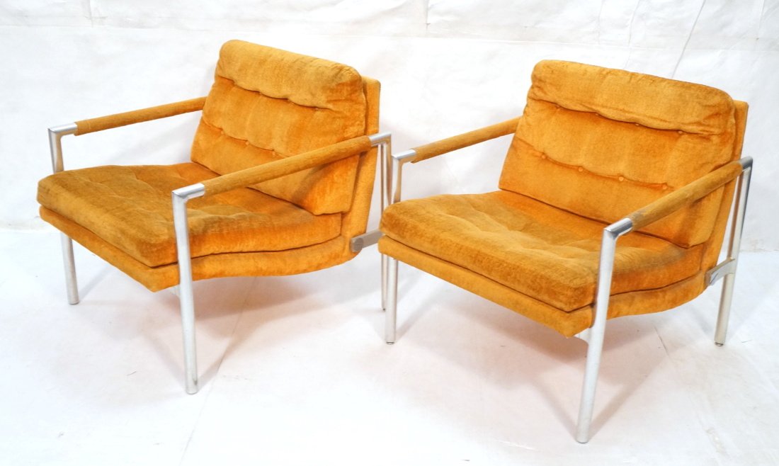 Pr Aluminum Lounge Chairs. Aluminum tube frames.: Pr Aluminum Lounge Chairs. Aluminum tube frames. Orange plush fabric. -- Dimensions: H: 29 inches: W: 27 inches: D: 29 inches ---
