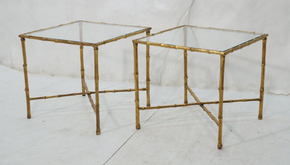 Pr Gilt Faux Bamboo Glass Top Side Tables. "X" st (1 of 7)