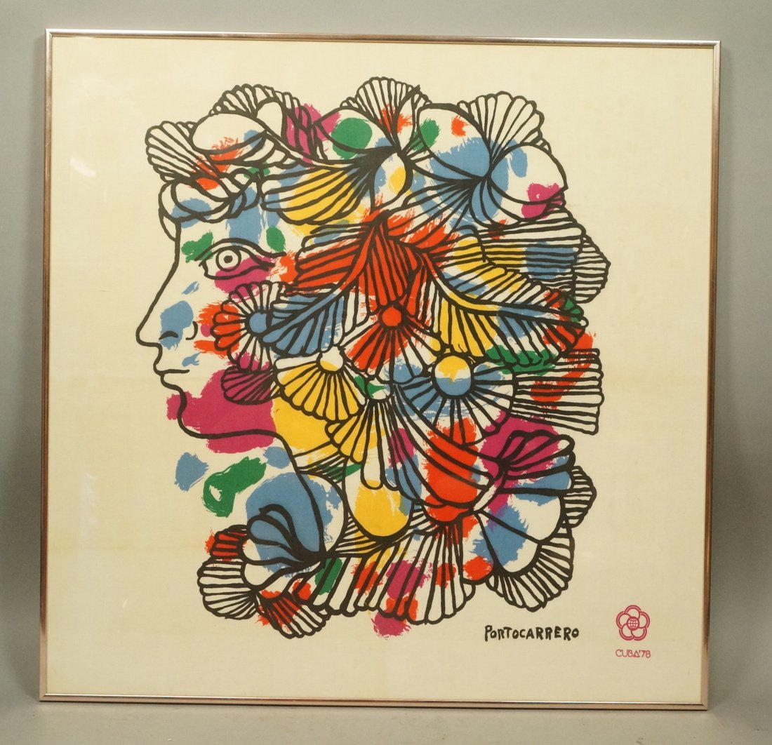 PORTOCARRERO Graphic Print. Profile of Woman with: PORTOCARRERO Graphic Print. Profile of Woman with colorful floral hair. Marked in print and Cuba'78. -- Dimensions: Image Size: H: 24.5 inches: W: 24.5 inches ---