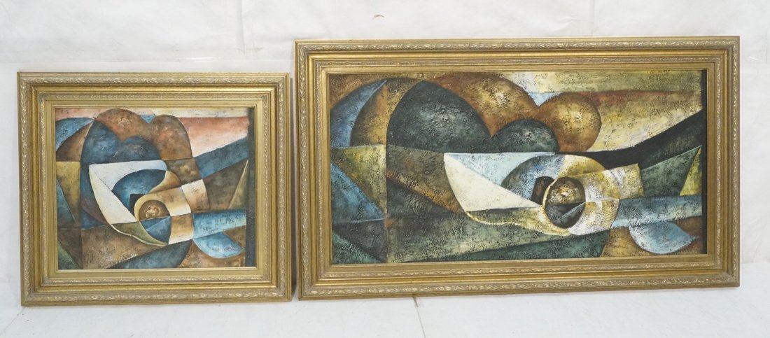 2pc S ZASTO. Oil Paintings. Modernist Cubist sty: 2pc S ZASTO. Oil Paintings. Modernist Cubist style in blue, brown and beige palette. Both signed-- Dimensions: Image Size: H: 23.5 inches: W: 47.5 inches ---