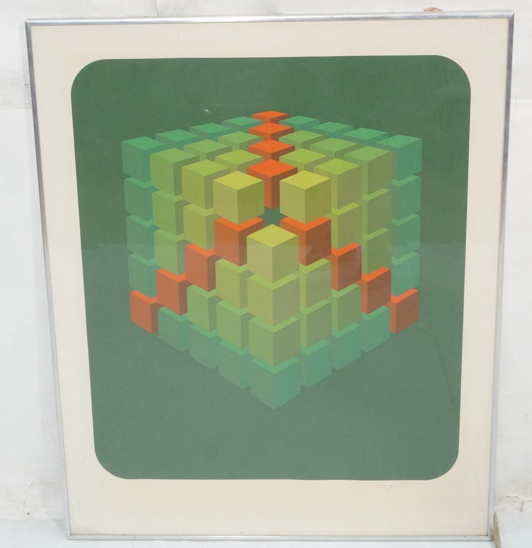 MARKO SPELATIN Op Art Graphic Silkscreen Print. ": MARKO SPELATIN Op Art Graphic Silkscreen Print. "Peace Cubes". Greens & Reds. Pencil Signed; A/P.-- Dimensions: Image Size: H: 33.5 inches: W: 27.5 inches ---