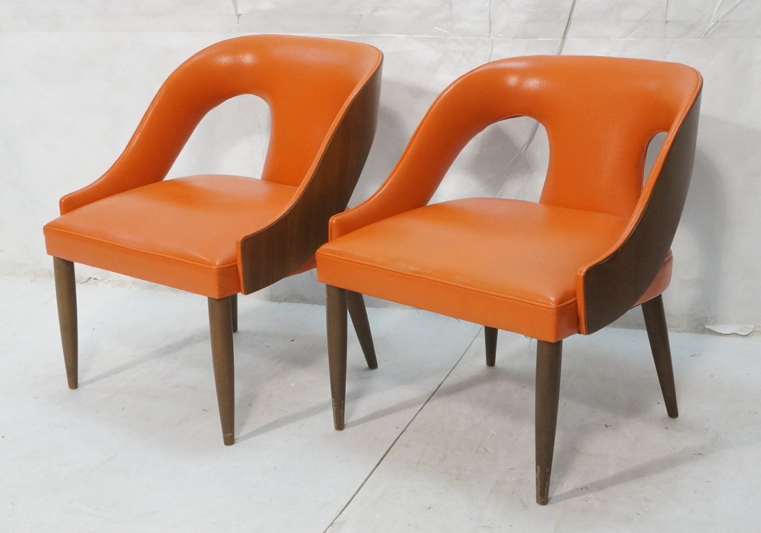2pcs HARVEY PROBBER style Lounge Chairs. Walnut B: 2pcs HARVEY PROBBER style Lounge Chairs. Walnut Barrel Backs with open details. Orange vinyl Upholstery. Not marked.-- Dimensions: H: 29 inches: W: 24 inches: D: 22 inches ---