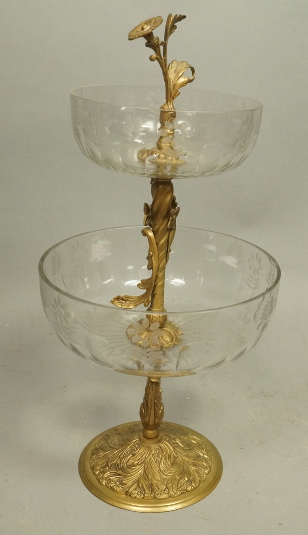 Etched cut glass double compote centerpiece. Bras (1 of 8)