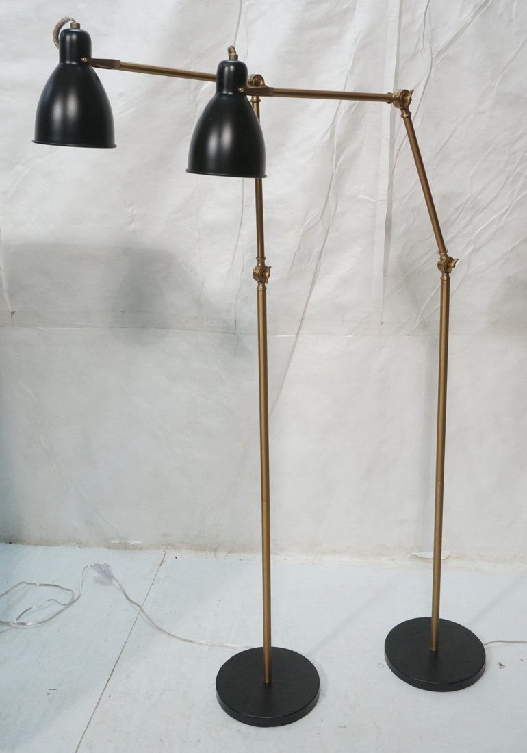 Pr Gold Tone Hinged Floor Lamps. Black Shades. (1 of 10)