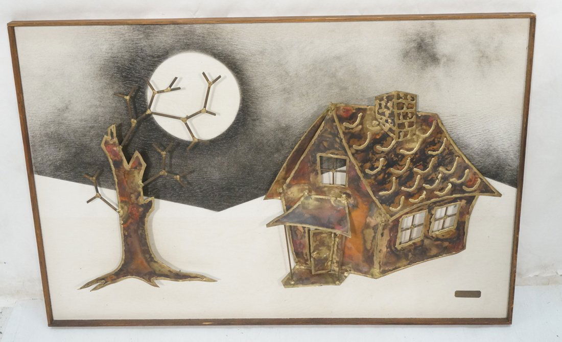 Signed KOVACS '75 Mixed Metal Wall Sculpture on P: Signed KOVACS '75 Mixed Metal Wall Sculpture on Painted background Panel. Framed. -- Dimensions: H: 24 inches: W: 36 inches ---