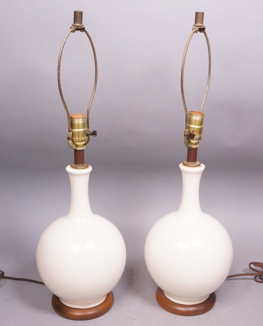 Pr White Glazed Mid Century Table Lamps. Wood Bas (1 of 10)