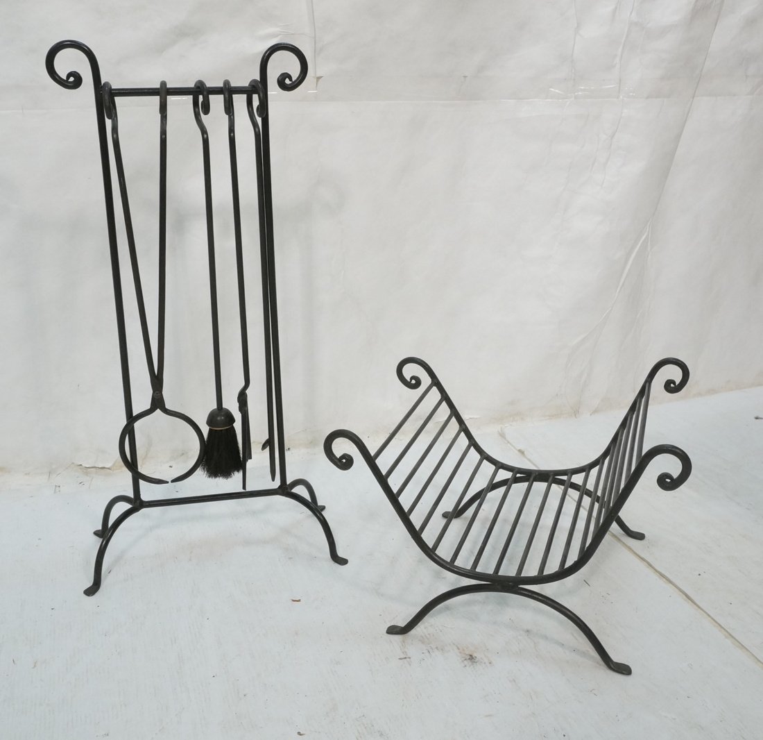2pc Modernist Iron Fireplace Set. Log Holder. Mat (1 of 9)