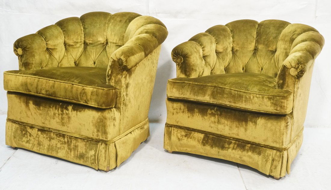 Pr Olive Velvet Tufted Barrel Back Lounge Chairs. (1 of 9)