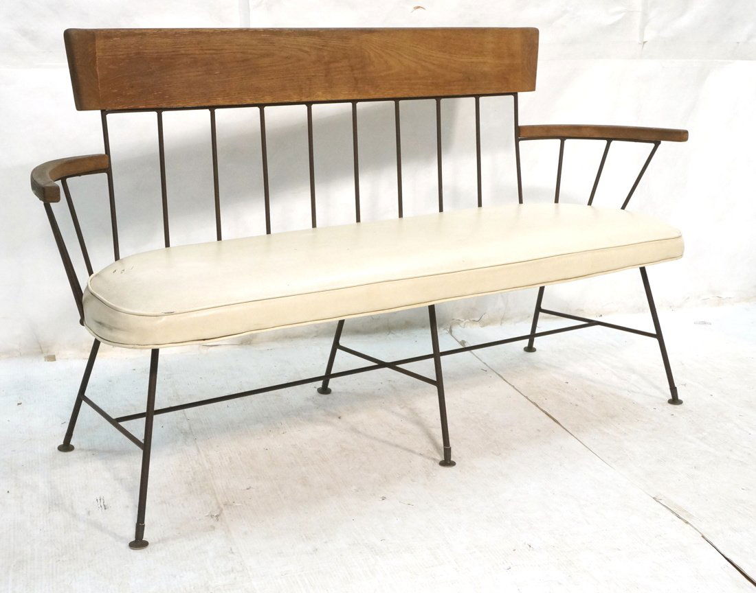 ARTHUR UMANOFF style Iron & Wood Bench. Tan Vinyl (1 of 10)