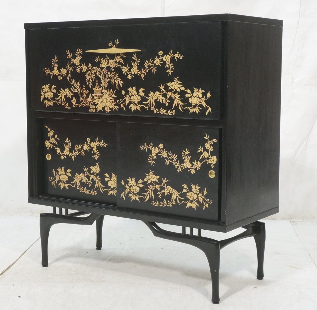 Black Ebonized Bar Cabinet. Paint Decorated with: Black Ebonized Bar Cabinet. Paint Decorated with Gold Flowers. Bar interior.-- Dimensions: H: 38.25 inches: W: 36 inches: D: 16 inches ---