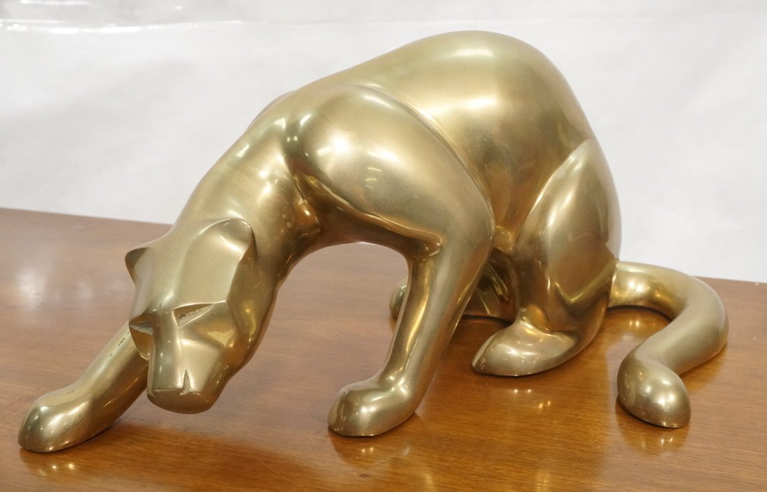 Brass Crouching Panther Sculpture. Unmarked.: Brass Crouching Panther Sculpture. Unmarked.-- Dimensions: H: 7 inches: W: 16.5 inches: D: 9 inches ---