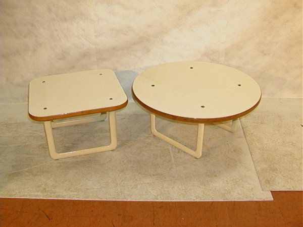 Pr Knoll International Formica and Aluminum Table.: Pr Knoll International Formica and Aluminum Table. Aluminum bases painted white in the manner of Richard Schultz. Round 16 x32 Square 16 x 26 Dimensions: Condition: Very good condition with some use.