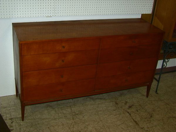 PAUL MCCOBB Planner Group 8 Drawer Dresser Chest.: PAUL MCCOBB Planner Group 8 Drawer Dresser Chest. Brass Paul McCobb Drawer Pulls, Paper Square Legs. Dimensions: H: 33.5 inches: W: 60 inches: L: 18 inches Condition: Some Wear and Discoloration To Fi