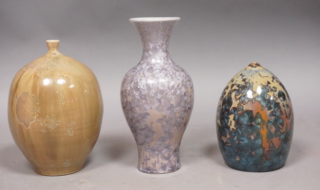 3pc Crystalline Porcelain Vase Lot. Two signed: R (1 of 7)