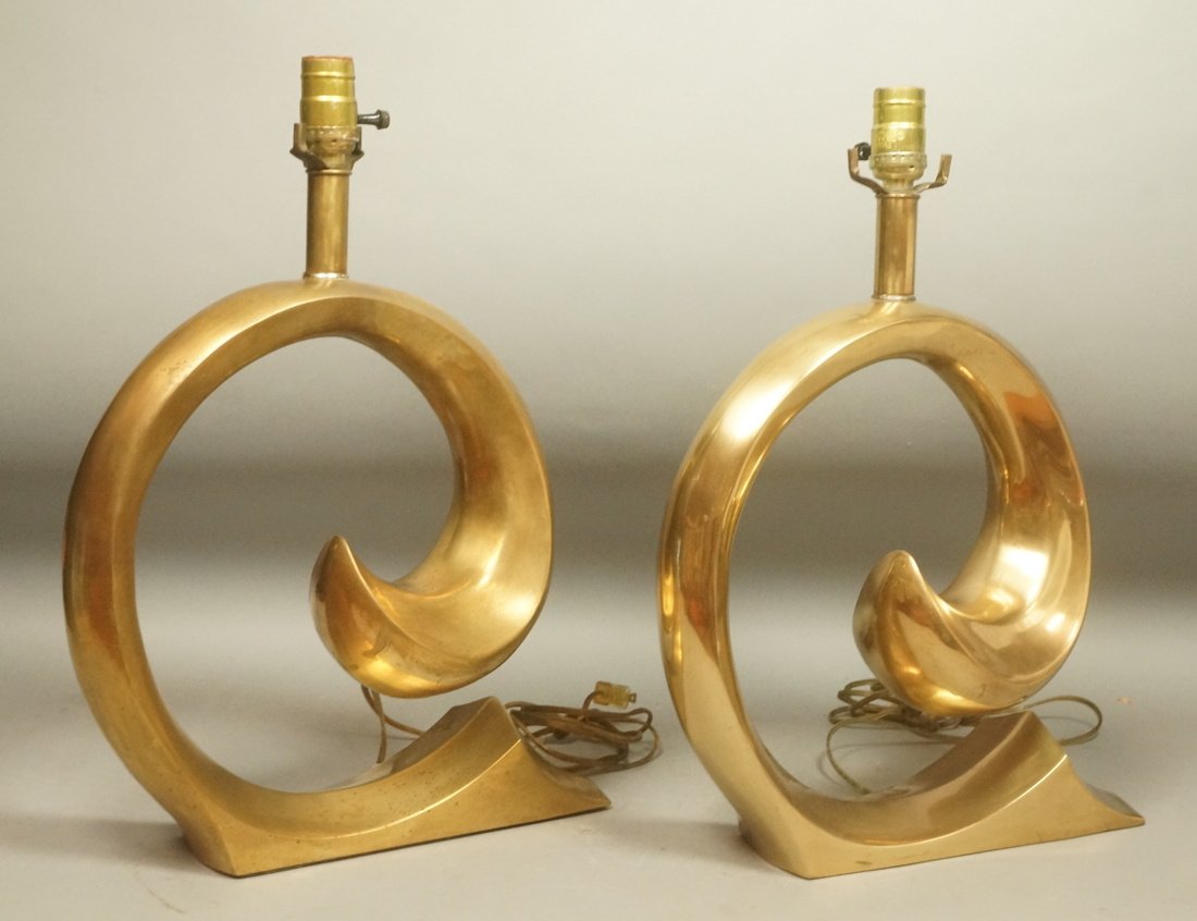 Pr PIERRE CARDIN Goldtone Swoosh Table Lamps. (1 of 8)