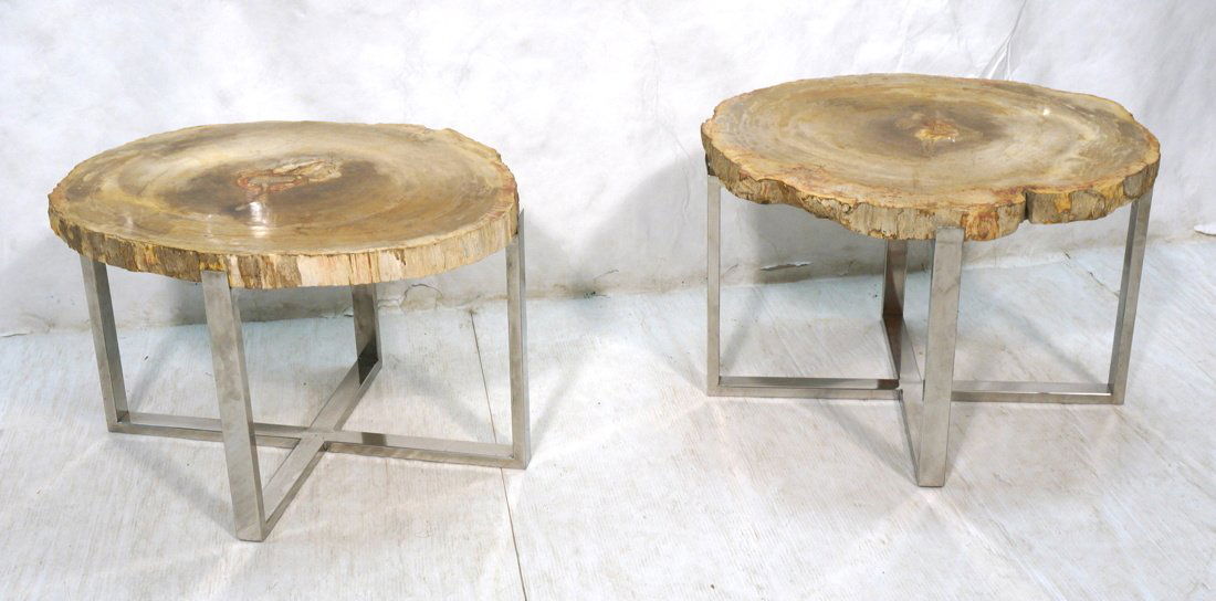 Large Pr Petrified Wood Side Tables. Chrome frames (1 of 10)