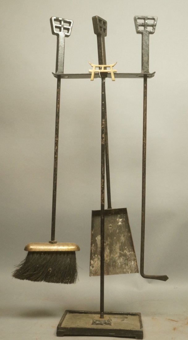 Asian inspired Black iron Fireplace Tools. Brass (1 of 8)