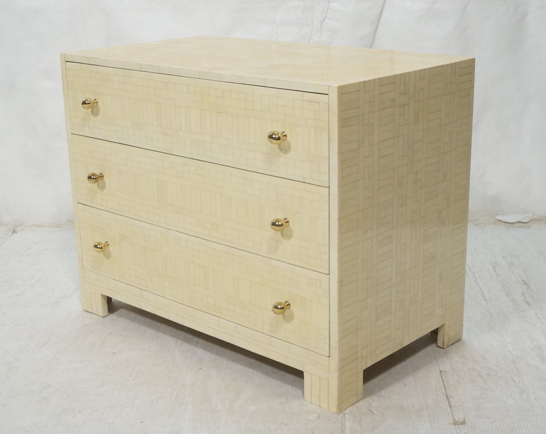 Enrique Garcel style Three Drawer Chest Cabinet.: Enrique Garcel style Three Drawer Chest Cabinet. Tesselated. Brass pulls. Made in Columbia.-- Dimensions: H: 25 inches: W: 32 inches: D: 19.75 inches ---