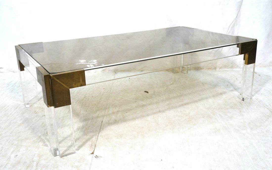 Large Lucite & Brass Coffee Table. Smoked Glass T (1 of 8)