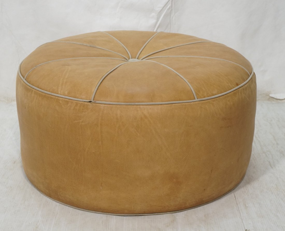 Tan Leather Oversized Hassock Ottoman. Large roun (1 of 8)